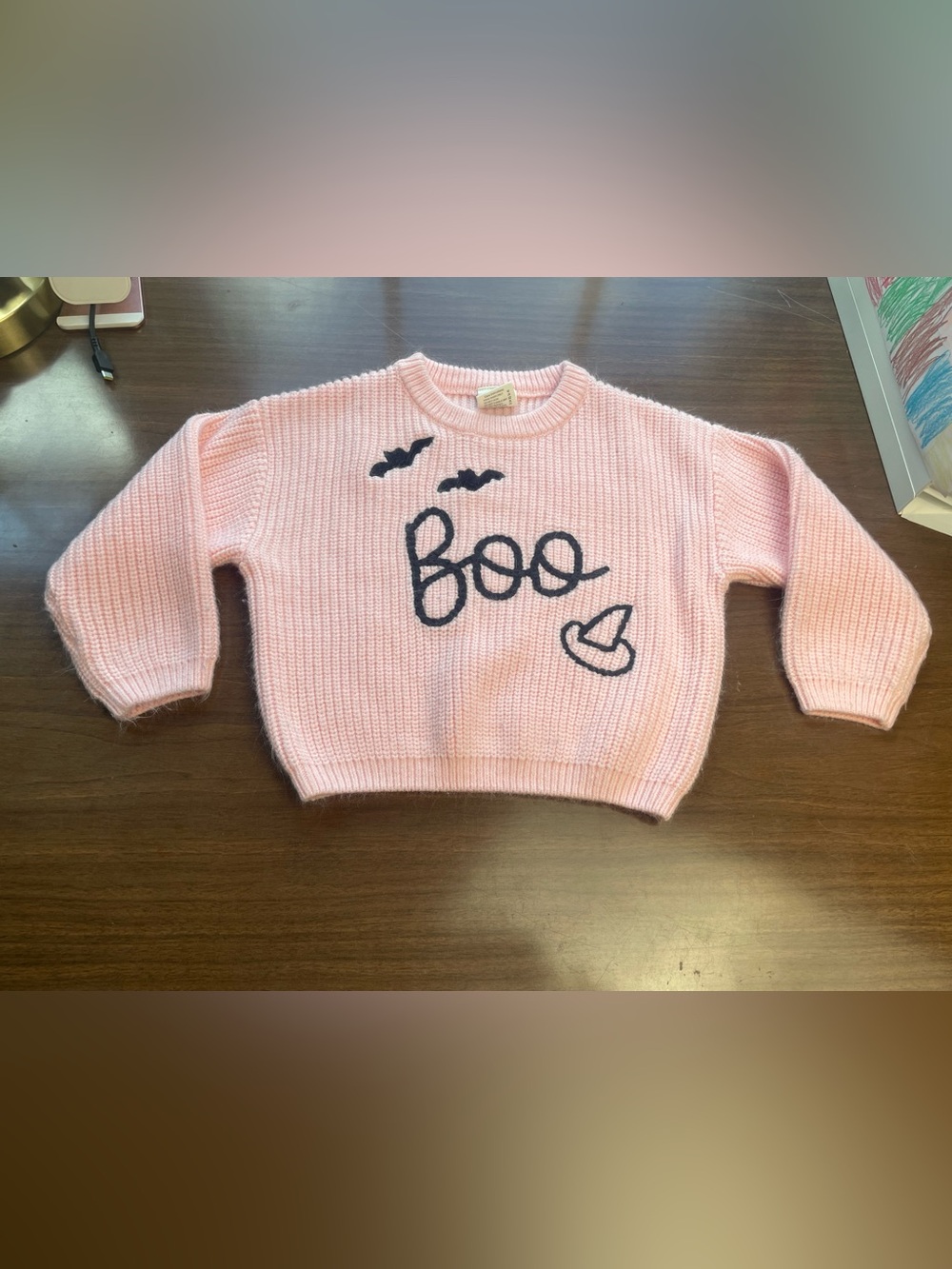 Sweet Wink Pink Crewneck Sweater with Black 'Boo' Embroidery